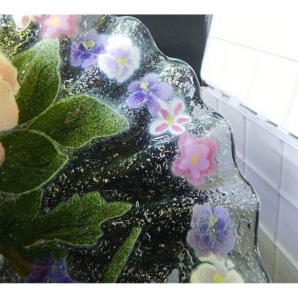 Fused Glass Floral Bouquet Plate Dish Pansy Daisy Ruffled Edge 10.5 In Signed - Picture 7 of 8